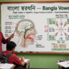 শিক্ষক ব্ল্যাকবোর্ডে স্বরধ্বনির উচ্চারণে জিভ ও ঠোঁটের অবস্থান দেখাচ্ছেন