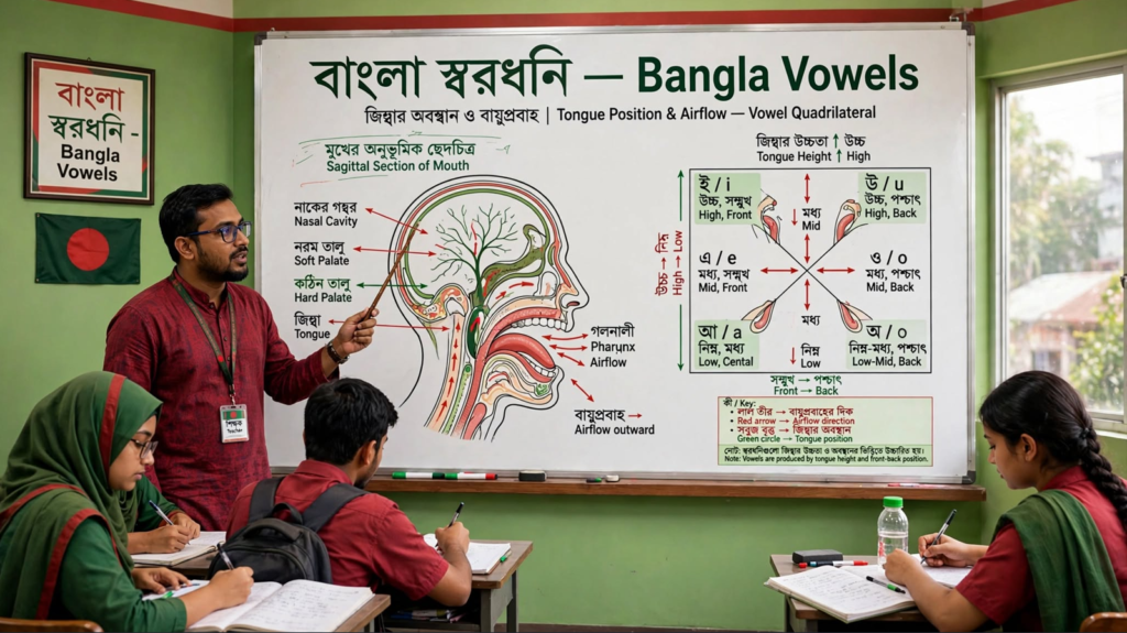 শিক্ষক ব্ল্যাকবোর্ডে স্বরধ্বনির উচ্চারণে জিভ ও ঠোঁটের অবস্থান দেখাচ্ছেন