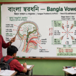 শিক্ষক ব্ল্যাকবোর্ডে স্বরধ্বনির উচ্চারণে জিভ ও ঠোঁটের অবস্থান দেখাচ্ছেন
