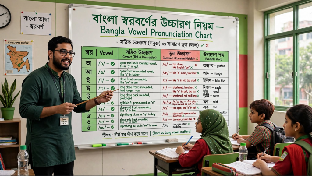 শিক্ষক ব্ল্যাকবোর্ডে বাংলা একাডেমি নির্ধারিত স্বরবর্ণ উচ্চারণের নিয়ম শেখাচ্ছেন