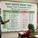 শিক্ষক ব্ল্যাকবোর্ডে বাংলা একাডেমি নির্ধারিত স্বরবর্ণ উচ্চারণের নিয়ম শেখাচ্ছেন