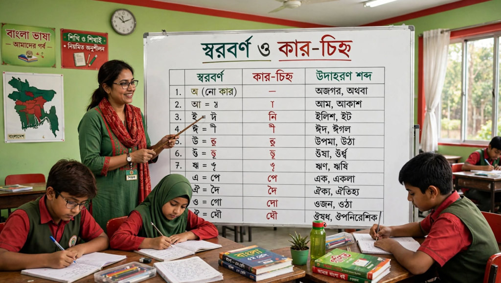 শিক্ষক ব্ল্যাকবোর্ডে স্বরবর্ণ ও স্বরবর্ণের সংক্ষিপ্ত রূপ (কার) বুঝিয়ে দিচ্ছেন