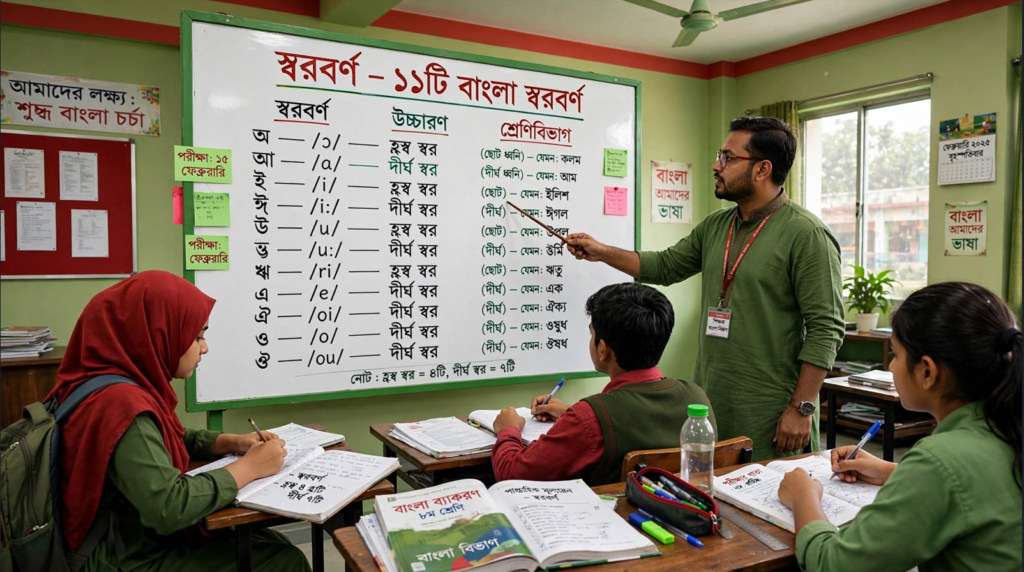 শিক্ষক ব্ল্যাকবোর্ডে স্বরবর্ণ ও স্বরধ্বনির শ্রেণিবিভাগ বুঝিয়ে দিচ্ছেন