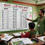 শিক্ষক ব্ল্যাকবোর্ডে স্বরবর্ণ ও স্বরধ্বনির শ্রেণিবিভাগ বুঝিয়ে দিচ্ছেন