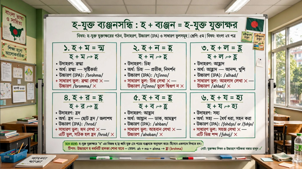 শিক্ষক ব্ল্যাকবোর্ডে বাংলা একাডেমি নির্ধারিত হ সংযুক্ত ব্যঞ্জন উচ্চারণের নিয়ম দেখাচ্ছেন