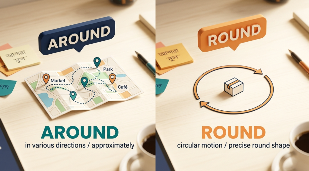 Around vs Round ইংলিশ গ্রামার ব্লগ হেডার, বিভিন্ন দিকে ঘোরাফেরা বনাম বৃত্তাকার গতি দেখানো হয়েছে, বাংলা-ইংলিশ লেবেলসহ