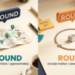 Around vs Round ইংলিশ গ্রামার ব্লগ হেডার, বিভিন্ন দিকে ঘোরাফেরা বনাম বৃত্তাকার গতি দেখানো হয়েছে, বাংলা-ইংলিশ লেবেলসহ