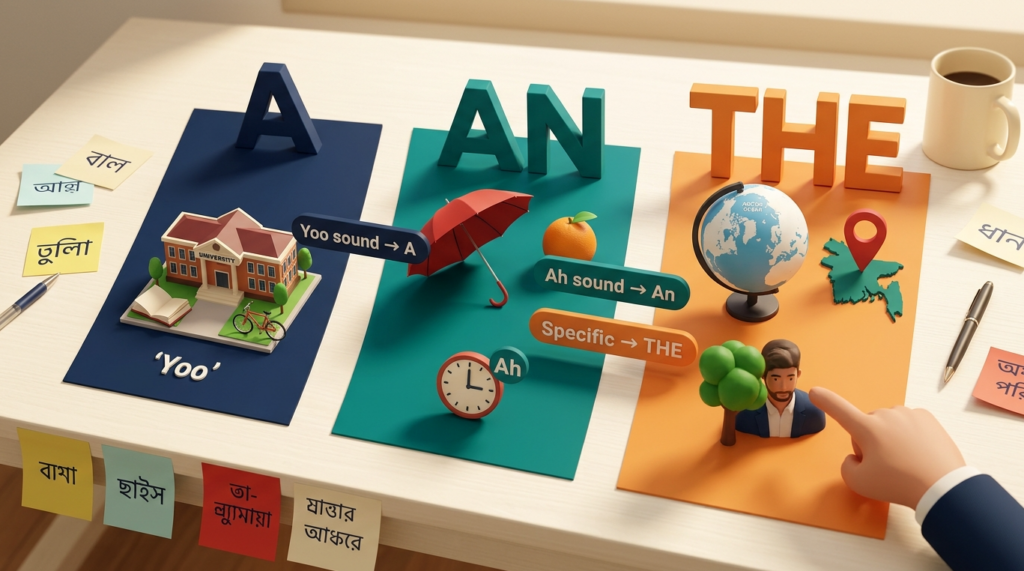 Article A An The Rules ইংলিশ গ্রামার ব্লগ হেডার, University-তে A, Umbrella-তে An এবং Arctic Ocean-এ The দেখানো হয়েছে, বাংলা-ইংলিশ লেবেলসহ