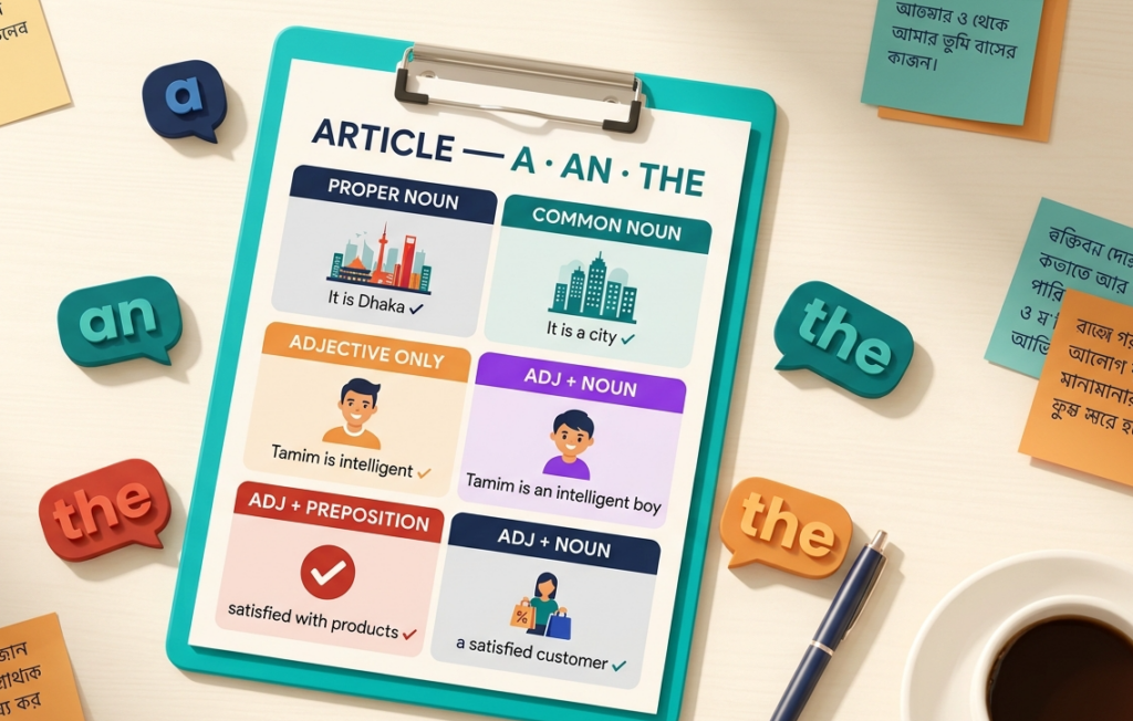 Article A An The Rules ইংলিশ গ্রামার ব্লগ হেডার, Proper Noun বনাম Common Noun এবং Adjective + Noun বনাম Adjective + Preposition পার্থক্য বাংলা-ইংলিশ লেবেলসহ