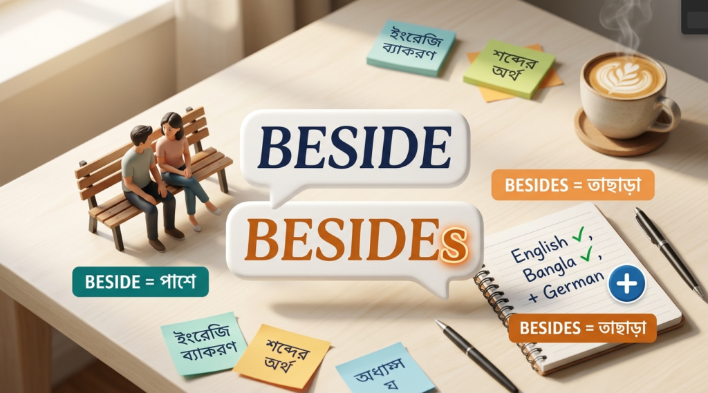 Beside vs Besides ইংলিশ গ্রামার ব্লগ হেডার, পাশে অবস্থান বনাম অতিরিক্ত তথ্য দেখানো হয়েছে, বাংলা-ইংলিশ লেবেলসহ