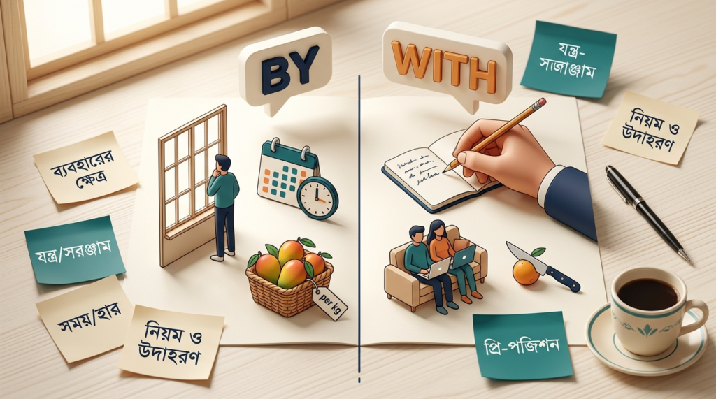 By vs With ইংলিশ গ্রামার ব্লগ হেডার, By দিয়ে নৈকট্য-সময়-দর এবং With দিয়ে যন্ত্র ও সঙ্গ বোঝানো হয়েছে, বাংলা-ইংলিশ লেবেলসহ
