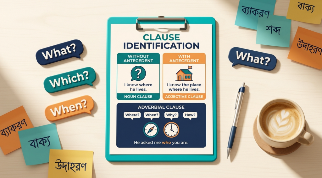 Clause Identification ইংলিশ গ্রামার ব্লগ হেডার, Noun ও Adjective Clause-এর Antecedent তুলনা এবং Adverbial Clause-এর প্রশ্ন কৌশল বাংলা-ইংলিশ লেবেলসহ