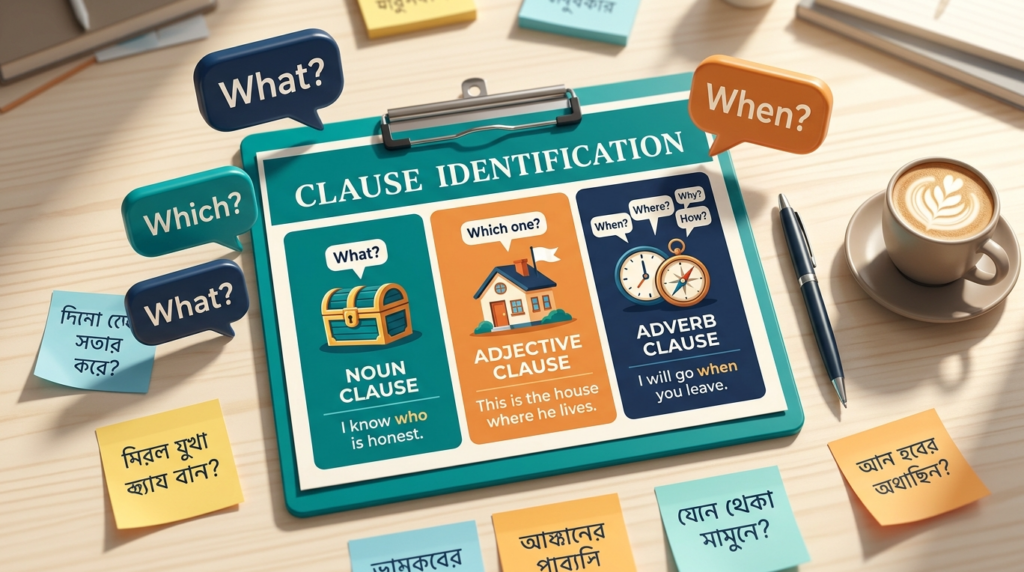Noun, Adjective ও Adverb Clause identification ইংলিশ গ্রামার ব্লগ হেডার, What, Which, When প্রশ্ন কৌশল বাংলা-ইংলিশ লেবেলসহ
