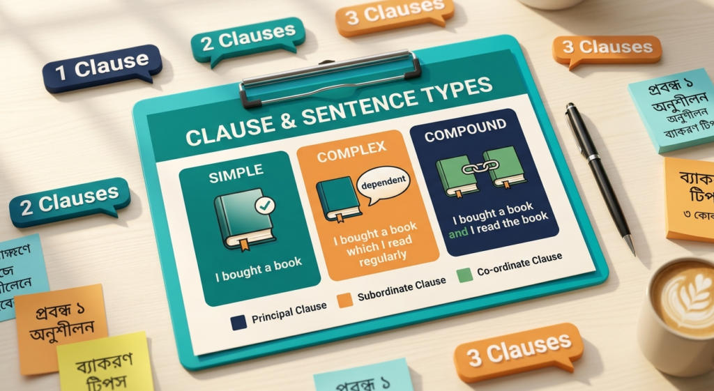 Clause ও Sentence Types ইংলিশ গ্রামার ব্লগ হেডার, Simple, Complex ও Compound Sentence এবং Principal, Subordinate, Co-ordinate Clause রঙে চিহ্নিত