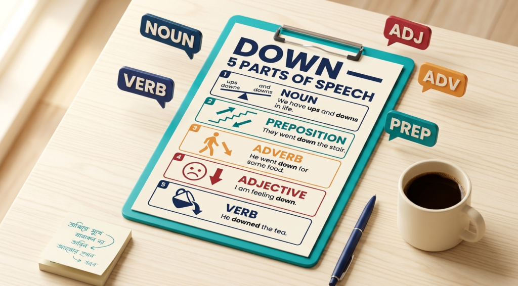 একটি শব্দ "down" কীভাবে ৫টি ভিন্ন Parts of Speech হিসেবে কাজ করে—শিখুন শর্টকাট টেকনিকে