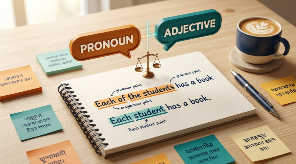 Distributive Pronoun ও Distributive Adjective তুলনা করা ইংলিশ গ্রামার ব্লগ হেডার, Each, Either, Neither উদাহরণসহ