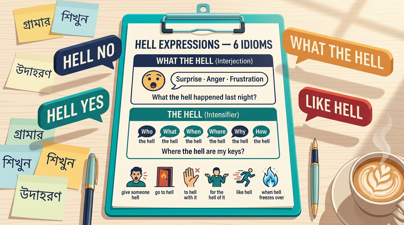 Hell শব্দটি দিয়ে তৈরি ৬টি গুরুত্বপূর্ণ English Idiom—শিখুন সহজ বাংলায়, ২০+ বাস্তব উদাহরণসহ