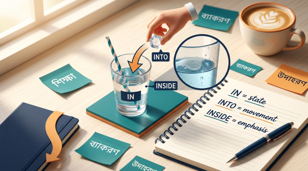 In, Into, Inside Preposition-এর পার্থক্য বোঝানো ইংলিশ গ্রামার ব্লগ হেডার, পানির গ্লাস ও গতিবিধির দৃশ্যপটসহ