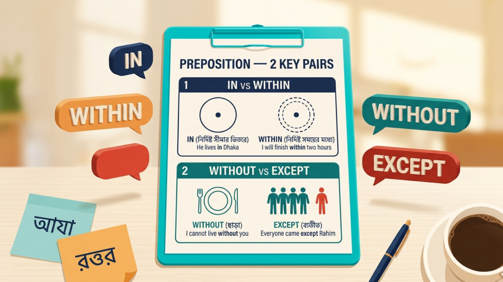In vs Within এবং Without vs Except-এর পার্থক্য উদাহরণসহ দেখানো একটি শিক্ষামূলক ইনফোগ্রাফিক