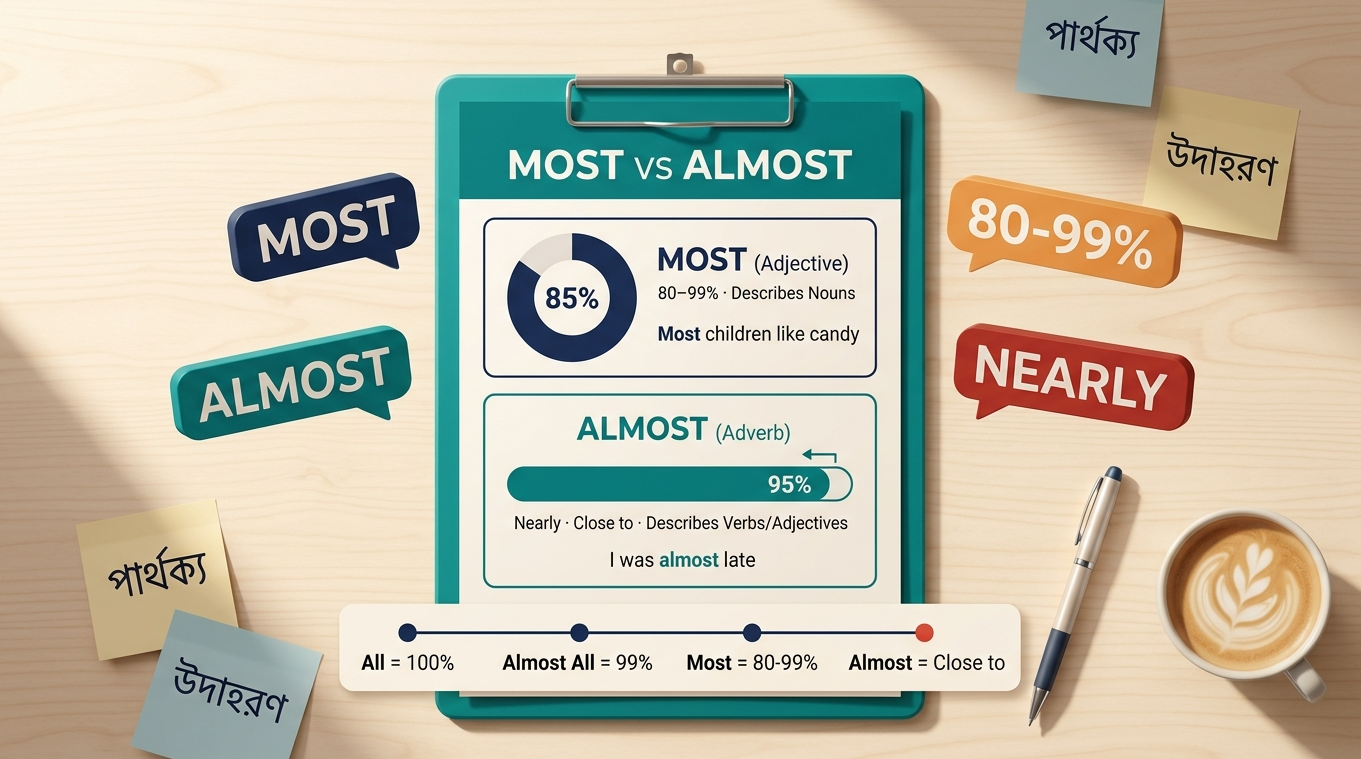 Most vs Almost-এর পার্থক্য—Adjective (৮০-৯৯%) বনাম Adverb (প্রায়)—উদাহরণ ও পার্সেন্টেজ স্কেলসহ দেখানো ইনফোগ্রাফিক