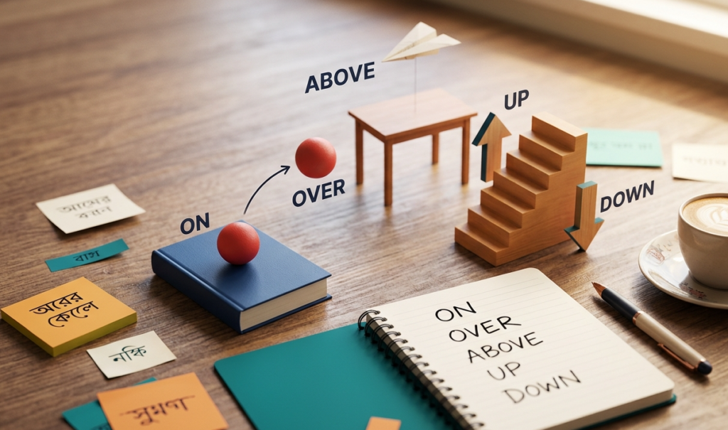 On, Over, Above, Up, Down — একই 'উপরে' অর্থে পাঁচটি আলাদা Preposition, পাঁচটি আলাদা ব্যবহার