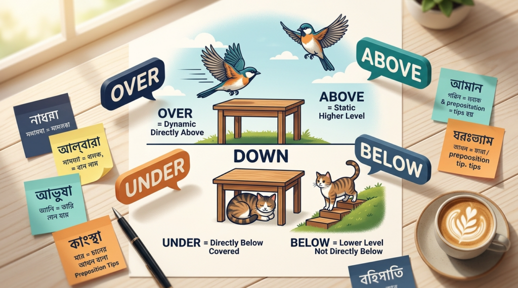 Over Above Under Below Difference ইংলিশ গ্রামার ব্লগ হেডার, পাখি Over বনাম Above এবং বিড়াল Under বনাম Below দেখানো হয়েছে, বাংলা-ইংলিশ লেবেলসহ