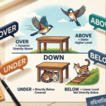 Over Above Under Below Difference ইংলিশ গ্রামার ব্লগ হেডার, পাখি Over বনাম Above এবং বিড়াল Under বনাম Below দেখানো হয়েছে, বাংলা-ইংলিশ লেবেলসহ