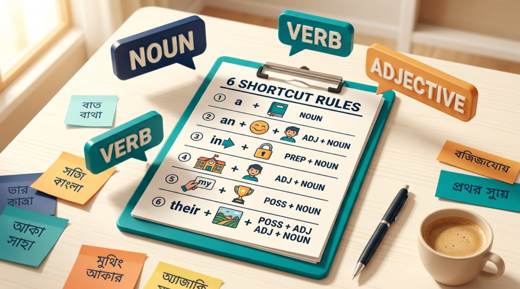 Parts of Speech Identification ইংলিশ গ্রামার ব্লগ হেডার, Article, Preposition ও Possessive দিয়ে Noun, Verb, Adjective চেনার ৬টি শর্টকাট নিয়ম দেখানো হয়েছে, বাংলা-ইংলিশ লেবেলসহ