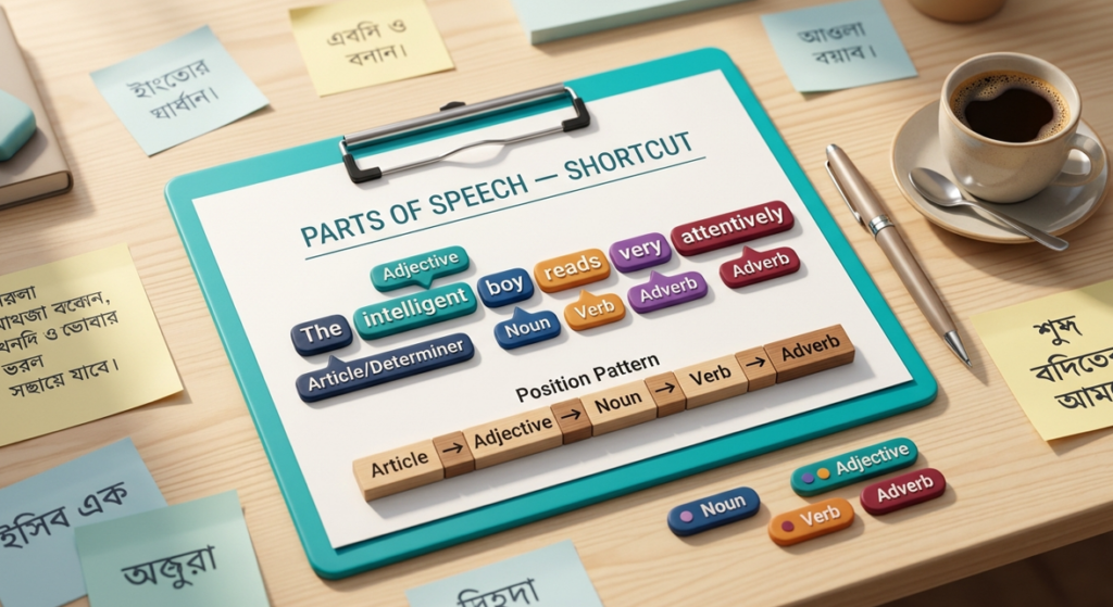 Parts of Speech Identification shortcut technique ইংলিশ গ্রামার ব্লগ হেডার, একটি হিরো বাক্যে Noun, Verb, Adjective, Adverb রঙিন লেবেল ও পজিশন প্যাটার্ন দেখানো হয়েছে
