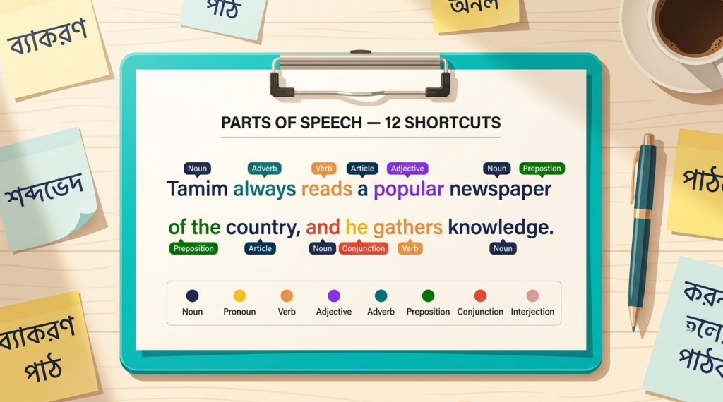 Parts of Speech Identification ইংলিশ গ্রামার ব্লগ হেডার, একটি বাক্যের প্রতিটি শব্দ Noun, Pronoun, Verb, Adjective, Adverb, Preposition, Conjunction হিসেবে রঙিন ট্যাগসহ দেখানো হয়েছে