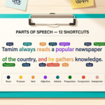 Parts of Speech Identification ইংলিশ গ্রামার ব্লগ হেডার, একটি বাক্যের প্রতিটি শব্দ Noun, Pronoun, Verb, Adjective, Adverb, Preposition, Conjunction হিসেবে রঙিন ট্যাগসহ দেখানো হয়েছে