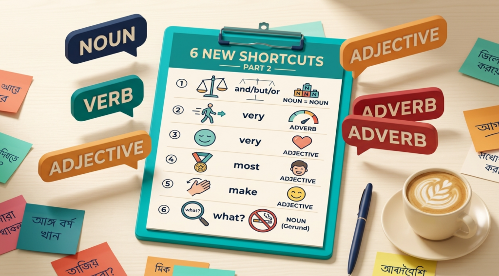 Parts of Speech Shortcut Rules Part 2 ইংলিশ গ্রামার ব্লগ হেডার, And/But/Or, So/Very, Most ও Make Verb দিয়ে Noun, Adjective, Adverb চেনার ৬টি নতুন নিয়ম দেখানো হয়েছে, বাংলা-ইংলিশ লেবেলসহ