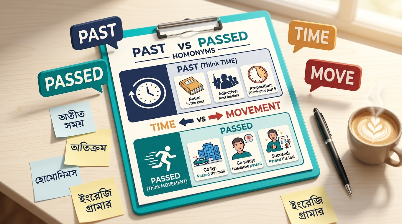 Past এবং Passed—একই উচ্চারণ, সম্পূর্ণ আলাদা অর্থ। এই গাইডে শিখুন সঠিক ব্যবহার ও Spelling Rules