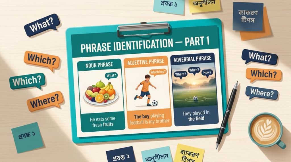 Phrase Identification ইংলিশ গ্রামার ব্লগ হেডার, Noun, Adjective ও Adverbial Phrase চেনার What, Which, Where প্রশ্ন কৌশল বাংলা-ইংলিশ লেবেলসহ