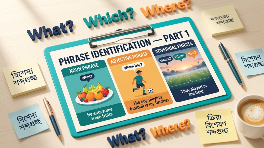 Phrase Identification ইংলিশ গ্রামার ব্লগ হেডার, Noun, Adjective ও Adverbial Phrase চেনার What, Which, Where প্রশ্ন কৌশল বাংলা-ইংলিশ লেবেলসহ