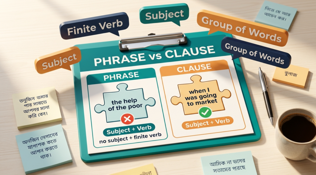 Phrase and Clause Difference ইংলিশ গ্রামার ব্লগ হেডার, Subject ও Finite Verb ছাড়া শব্দগুচ্ছ বনাম সাথে থাকা শব্দগুচ্ছ দেখানো হয়েছে, বাংলা-ইংলিশ লেবেলসহ