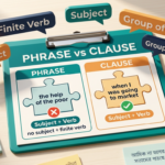 Phrase and Clause Difference ইংলিশ গ্রামার ব্লগ হেডার, Subject ও Finite Verb ছাড়া শব্দগুচ্ছ বনাম সাথে থাকা শব্দগুচ্ছ দেখানো হয়েছে, বাংলা-ইংলিশ লেবেলসহ