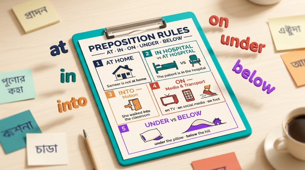 Preposition Rules At In On Under Below ইংলিশ গ্রামার ব্লগ হেডার, At home, In hospital vs At hospital, Into Motion, On Media এবং Under vs Below দেখানো হয়েছে বাংলা-ইংলিশ লেবেলসহ