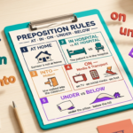 Preposition Rules At In On Under Below ইংলিশ গ্রামার ব্লগ হেডার, At home, In hospital vs At hospital, Into Motion, On Media এবং Under vs Below দেখানো হয়েছে বাংলা-ইংলিশ লেবেলসহ