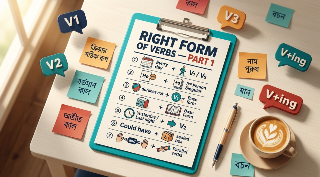 Right Form of Verbs Part 1 ইংলিশ গ্রামার ব্লগ হেডার, Present/Past Indefinite, Modal Auxiliary ও Did/Have দিয়ে ৭টি Verb Form নিয়ম দেখানো হয়েছে, বাংলা-ইংলিশ লেবেলসহ