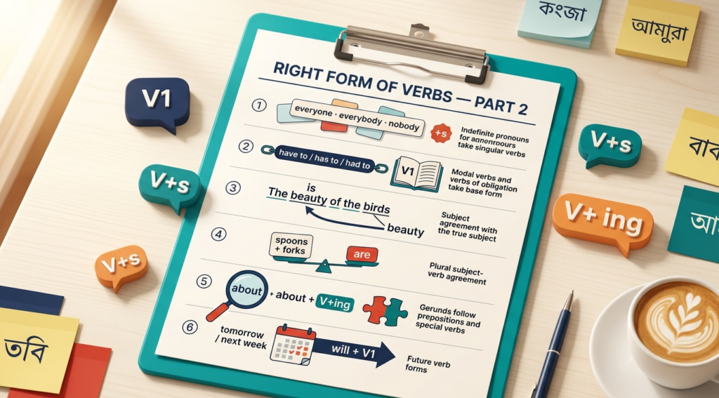 Right Form of Verbs Part 2 ইংলিশ গ্রামার ব্লগ হেডার, Indefinite Pronoun, Have to, Preposition যুক্ত Subject, And, Gerund ও Future Tense দিয়ে ৬টি Verb Form নিয়ম দেখানো হয়েছে