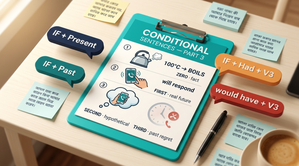 Right Form of Verbs Part 3 Conditional Sentences ইংলিশ গ্রামার ব্লগ হেডার, Zero, First, Second ও Third Conditional-এর গঠন এবং If Clause দেখানো হয়েছে