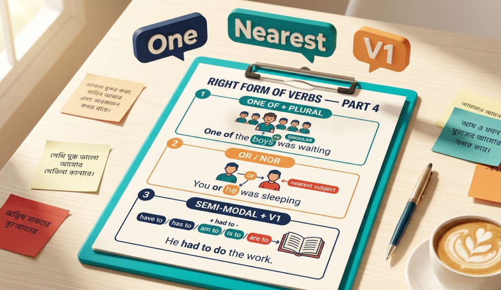 Right Form of Verbs Part 4 ইংলিশ গ্রামার ব্লগ হেডার, One of + Plural Noun, Or/Nor-এর Nearest Subject Rule এবং Semi-Modal + V1 দেখানো হয়েছে বাংলা-ইংলিশ লেবেলসহ