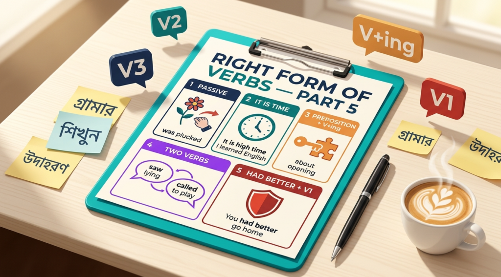 Right Form of Verbs Part 5 ইংলিশ গ্রামার ব্লগ হেডার, Passive Voice, It is time, Preposition + V+ing, Two Verbs এবং Had better + V1 নিয়ম দেখানো হয়েছে বাংলা-ইংলিশ লেবেলসহ