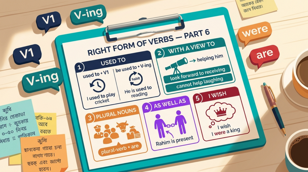 Right Form of Verbs Part 6 ইংলিশ গ্রামার ব্লগ হেডার, Used to, Be Used to, With a View To, Plural Nouns, As Well As এবং I Wish Were নিয়ম দেখানো হয়েছে বাংলা-ইংলিশ লেবেলসহ