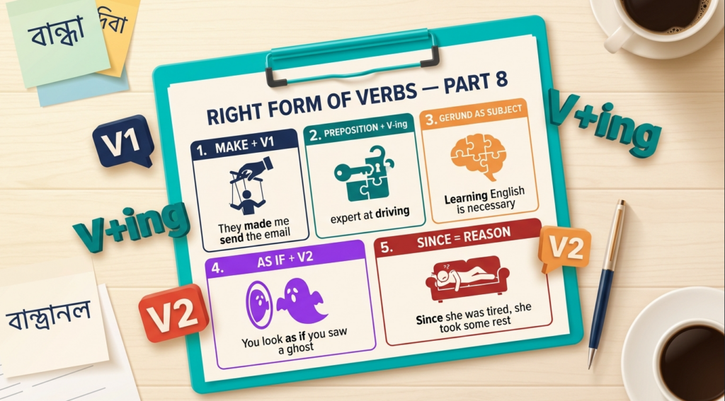 Right Form of Verbs Part 8 ইংলিশ গ্রামার ব্লগ হেডার, Make + V1, Preposition + V-ing, Gerund Subject, As If + V2 এবং Since Reason দেখানো হয়েছে বাংলা-ইংলিশ লেবেলসহ
