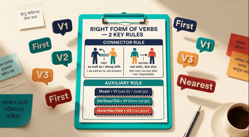 Right Form of Verbs Rules ইংলিশ গ্রামার ব্লগ হেডার, First Subject Rule বনাম Nearest Subject Rule এবং Modal, Do/Does/Did, Have/Has/Had-এর Verb Form নিয়ম দেখানো হয়েছে