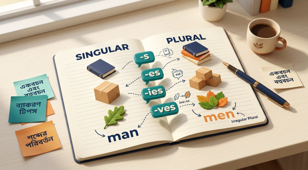 Singular and Plural Number ইংলিশ গ্রামার ব্লগ হেডার, একবচন ও বহুবচনের উদাহরণ এবং -s, -es, -ies, -ves প্রত্যয় দেখানো হয়েছে, বাংলা-ইংলিশ লেবেলসহ
