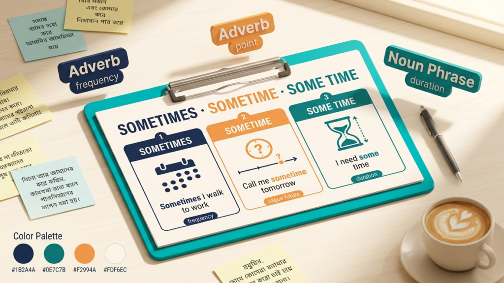 Sometimes Sometime Some Time পার্থক্য ইংলিশ গ্রামার ব্লগ হেডার, Frequency Adverb, Vague Point in Time ও Duration Noun Phrase দেখানো হয়েছে বাংলা-ইংলিশ লেবেলসহ