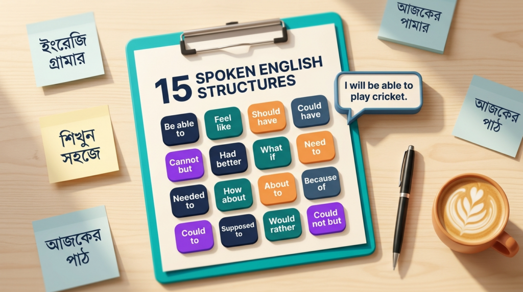 Spoken English Sentence Structures ইংলিশ গ্রামার ব্লগ হেডার, Be able to, Feel like, Should have, Had better সহ ১৫টি স্ট্রাকচার বাংলা-ইংলিশ লেবেলসহ